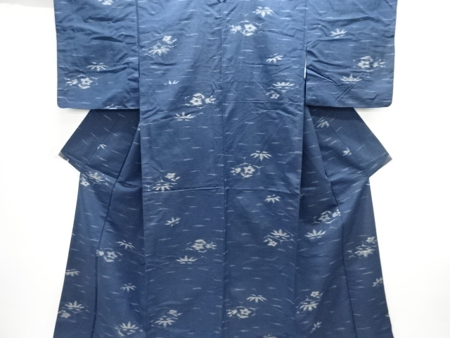JAPANESE KIMONO / ANTIQUE KIMONO / SILK / TSUMUGI / WOVEN FLOWERS & BAMBOO GRASS